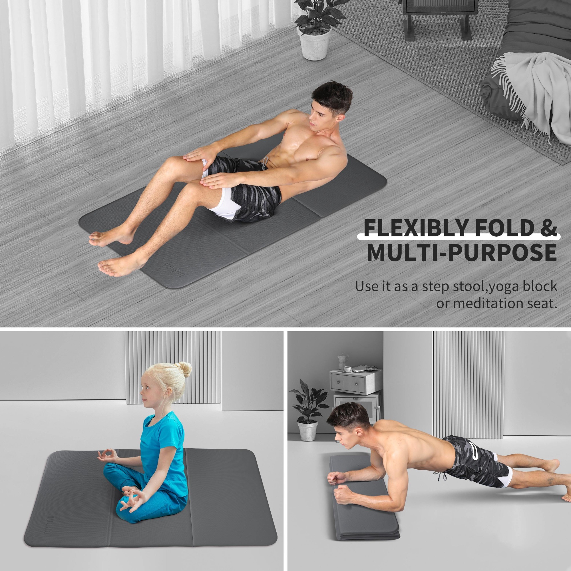 PIDO TPE Thickened Non-slip Outdoor Three-fold Yoga Mat Camping Fitness Portable Mat Grey