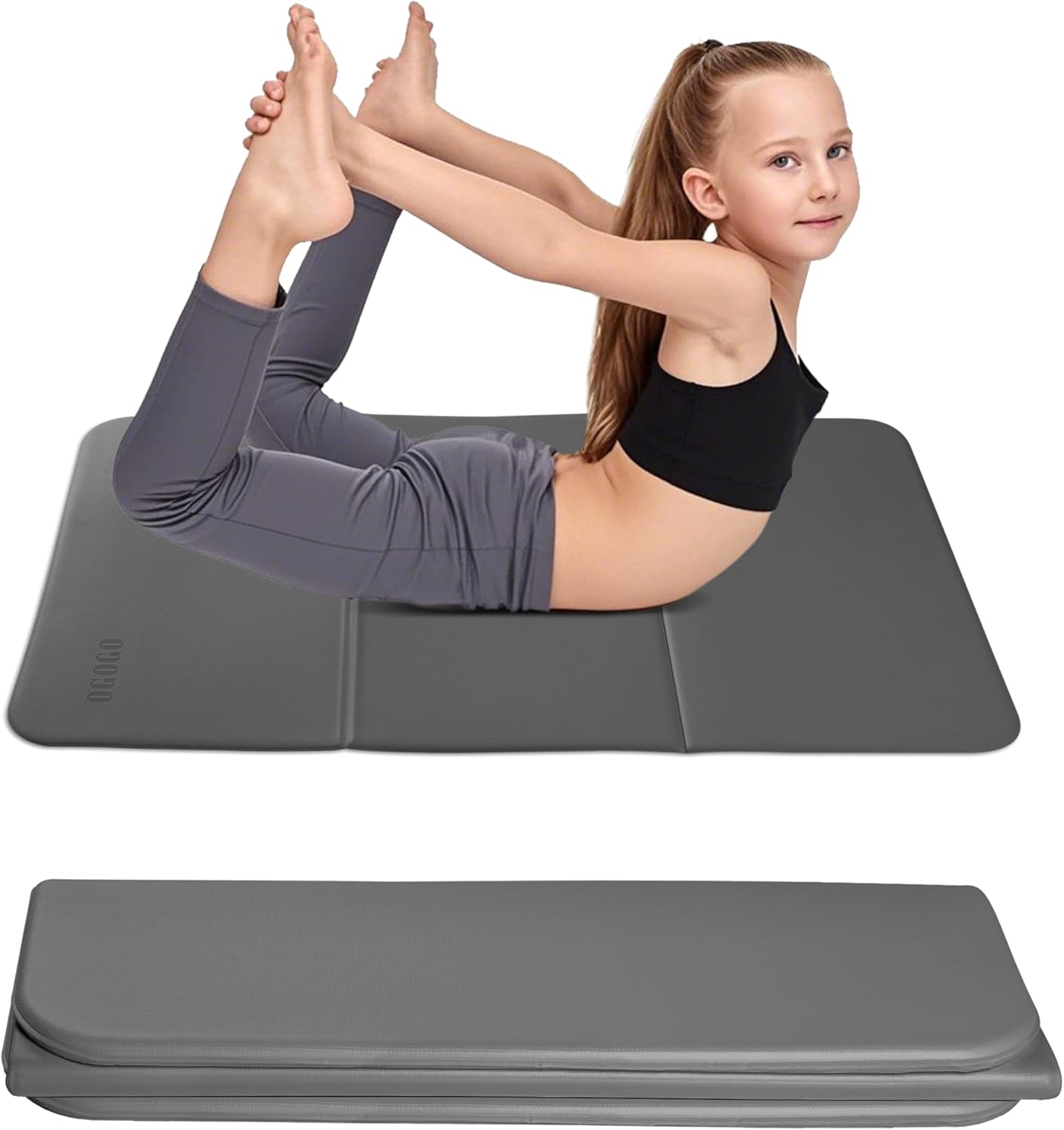 Kids Yoga Mat Extra Thick 2/5 Inches,Portable Folding Exercise Mat(41.7"x24.4") for Children, Non-Slip POE Material, Lightweight & Eco-Friendly,Multi-Purpose Mini Yoga Mats for Travel or Child Sports Gray