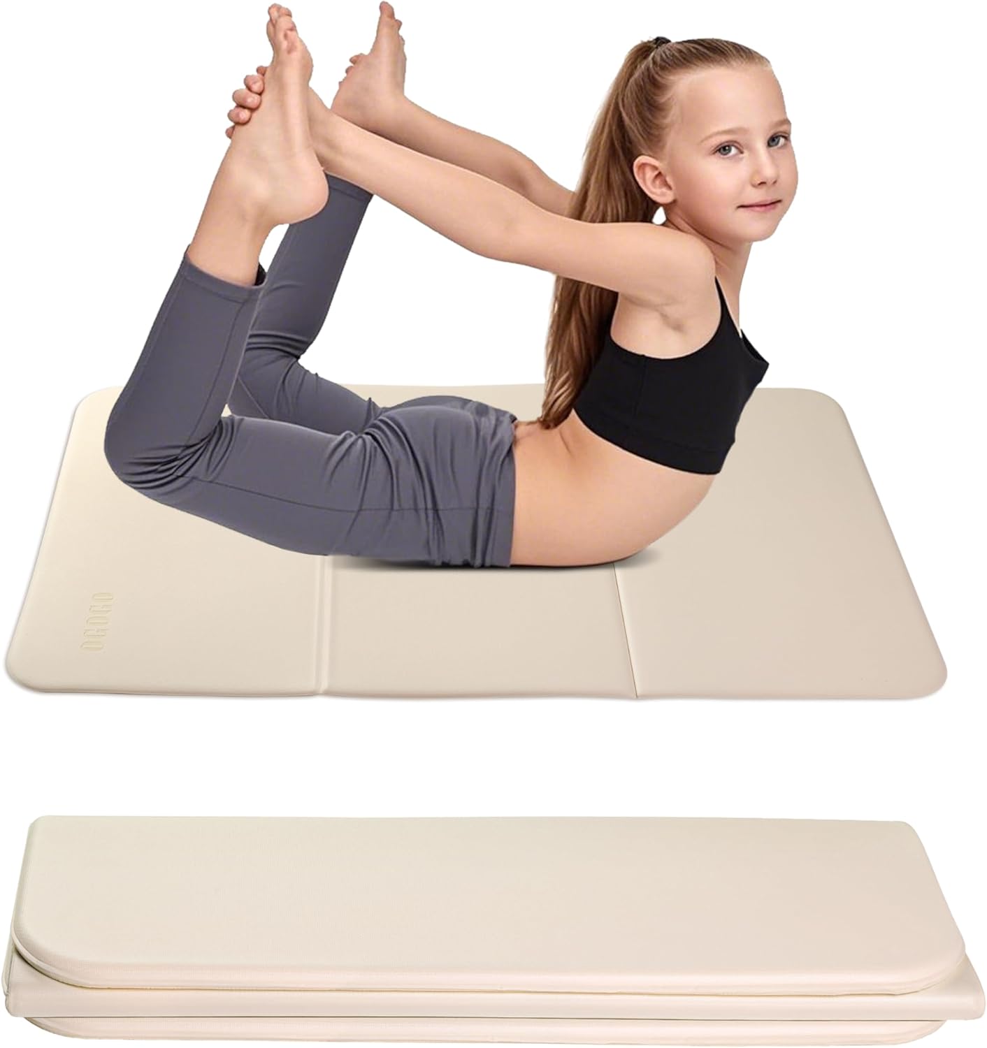 Kids Yoga Mat Extra Thick 2/5 Inches,Portable Folding Exercise Mat(41.7"x24.4") for Children, Non-Slip POE Material, Lightweight & Eco-Friendly,Multi-Purpose Mini Yoga Mats for Travel or Child Sports khaki