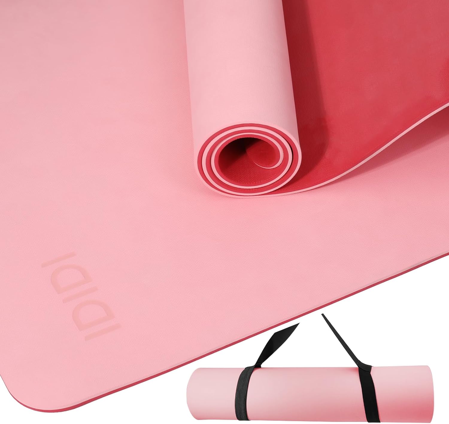 Yoga Mat with Strap,Non-Skid Workout Mat,8mm Thick Yoga Mat,POE Yoga Mats for Women Men Kids,Exercise Mat with Easy-Cinch,72"x24"x0.32” (183x61x0.8cm) Pink+Red