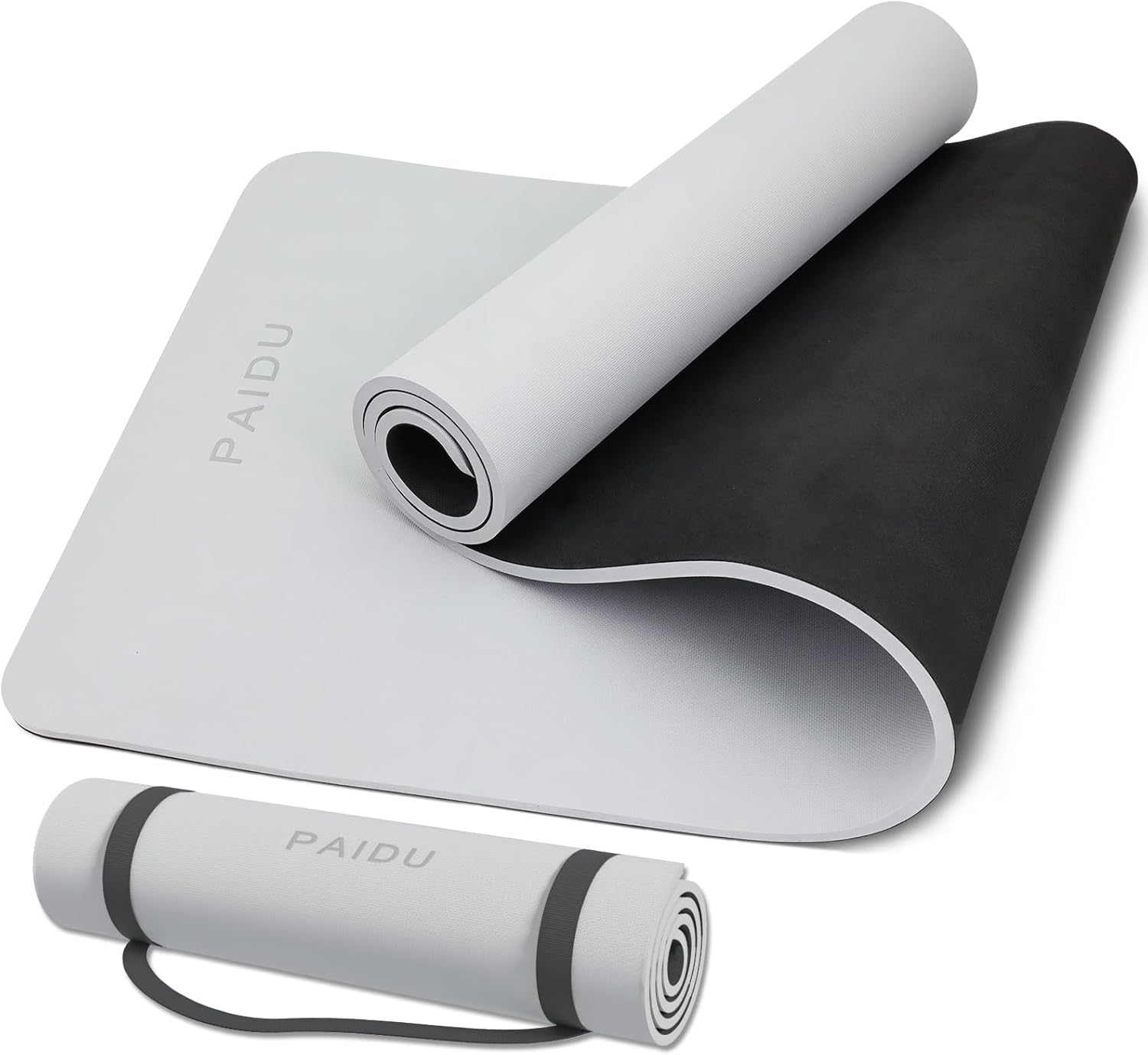PIDO Yoga Mat Non Slip Anti-tear,extra thick High Resiliency Professional POE Yoga Mats for Women Men Kids,70"x24"x10mm,Workout, Yoga, Pilates and Floor Exercise, with Carrier Strap ,Light gray+black