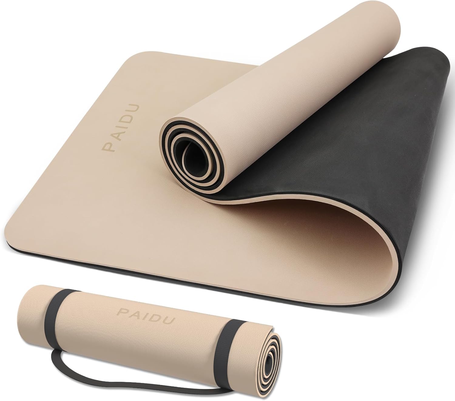 PIDO Yoga Mat Non Slip Anti-tear,extra thick High Resiliency Professional POE Yoga Mats for Women Men Kids,70"x24"x10mm,Workout, Yoga, Pilates and Floor Exercise, with Carrier Strap ,Beige+Black