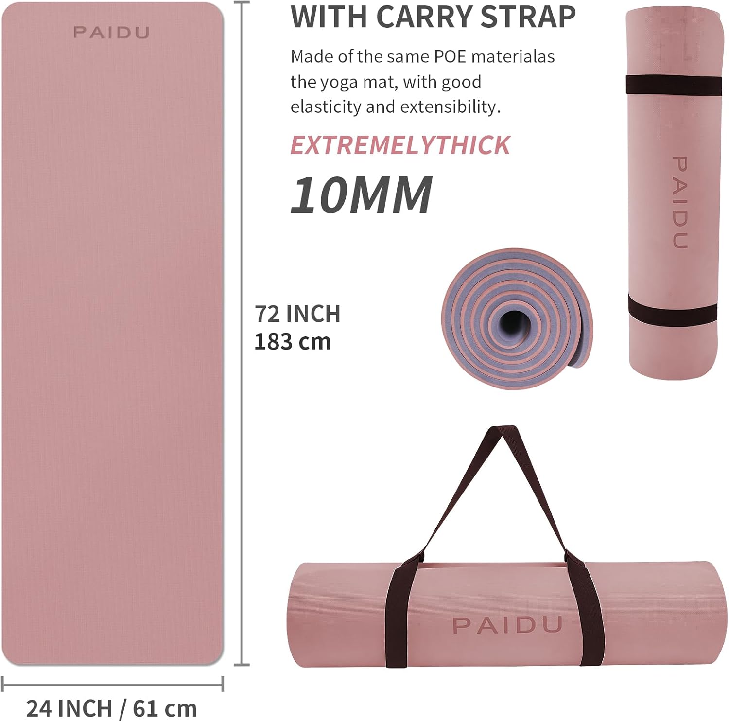 PIDO Yoga Mat Non Slip Anti-tear,extra thick High Resiliency Professional ,Deep Pink+Grey