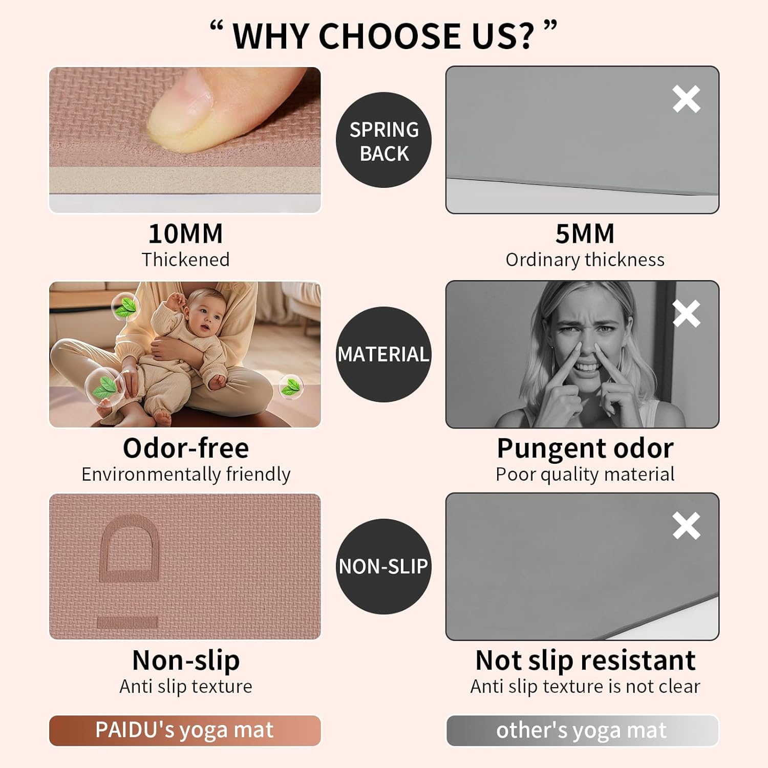 PIDO Yoga Mat Non Slip Yoga Mats for Women Men Kids Brown + Apricot- Paidu Supplier