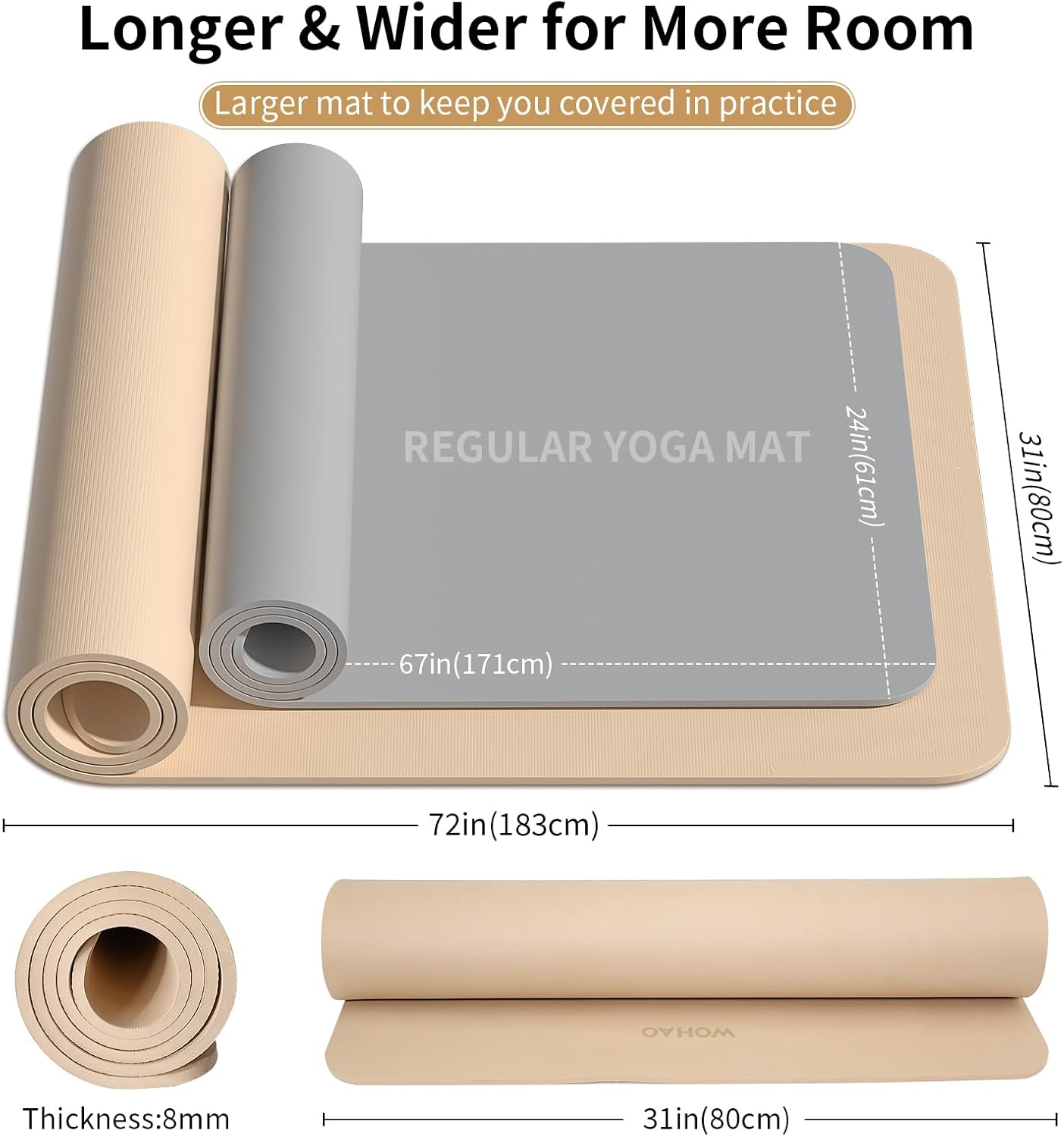 PIDO Non-Slip Yoga Mat,Durable with Carrying Strap for Yoga, Pilates, Home Gym Milk coffee color