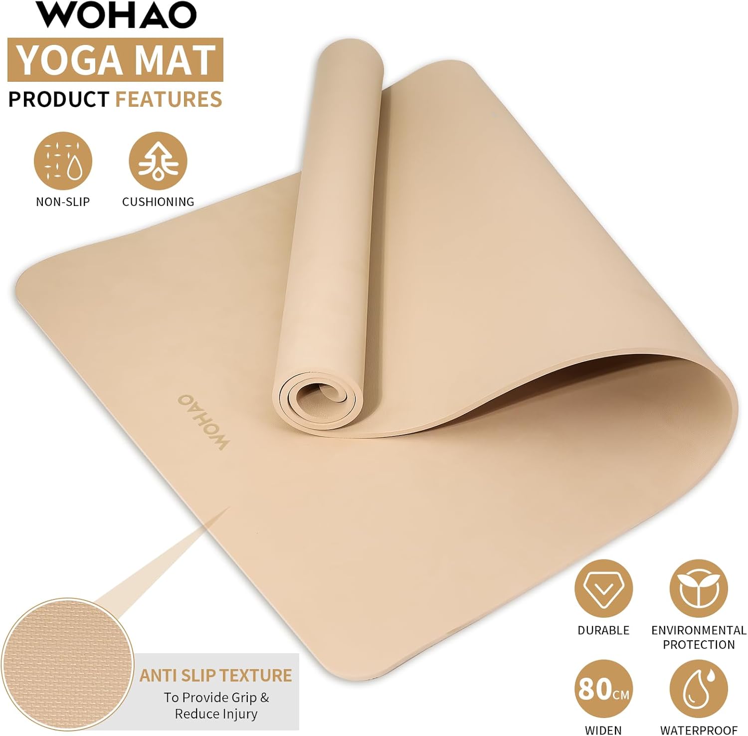 PIDO Non-Slip Yoga Mat,Durable with Carrying Strap for Yoga, Pilates, Home Gym Milk coffee color