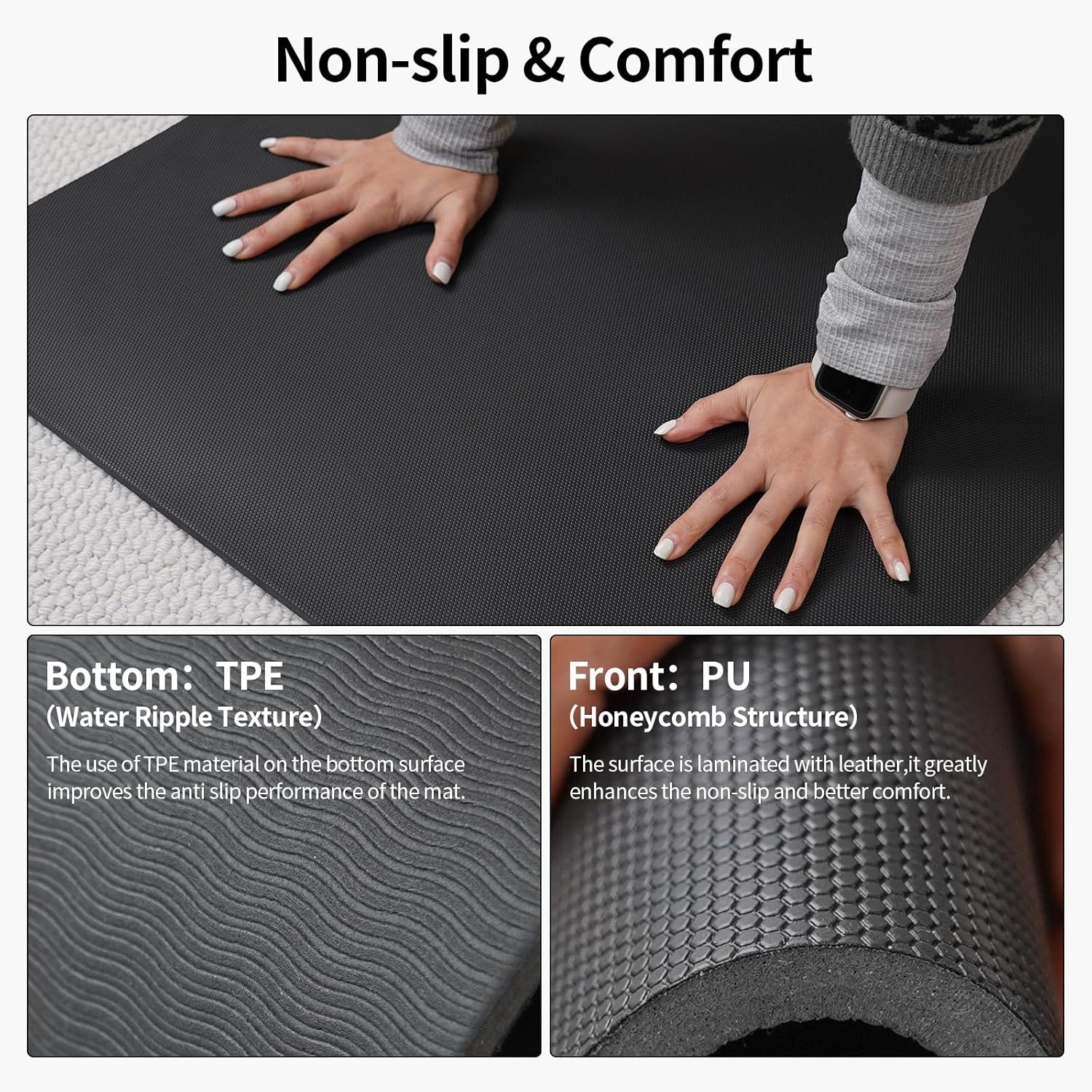 Extra Thick TPE+PU Yoga Mat 71L x 24W x 0.33T, Non-Slip Eco-Friendly Exercise Mat with Carrying Strap, High-Density Cushion for Joint Support, Portable & Easy-Clean for Gym, Pilates, Yoga